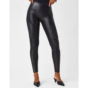 Spanx Womens Faux Leather Moto Black Ribbed Shaping Leggings Sz S Small 20136R